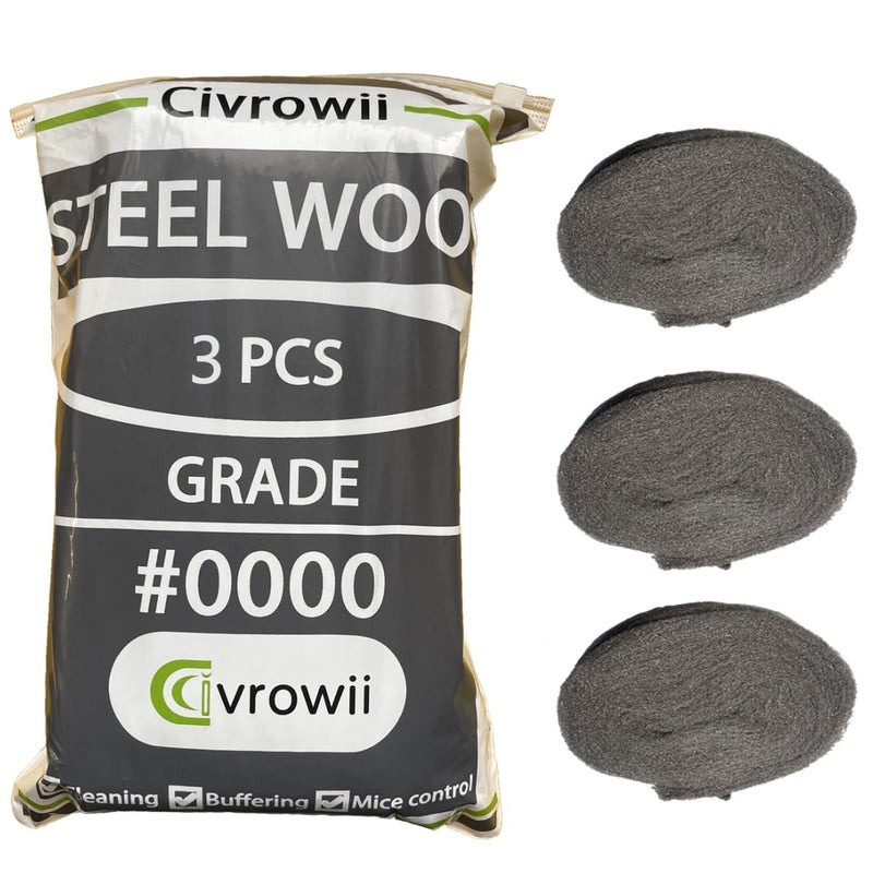 Civrowii (3 Pack) 0000 Steel Wool Hole Filler, Gap Blocker, Barrier, Also for Glass Fine, Steel Wool Pads for Chrome or Wood Polishing (3) - Image 1